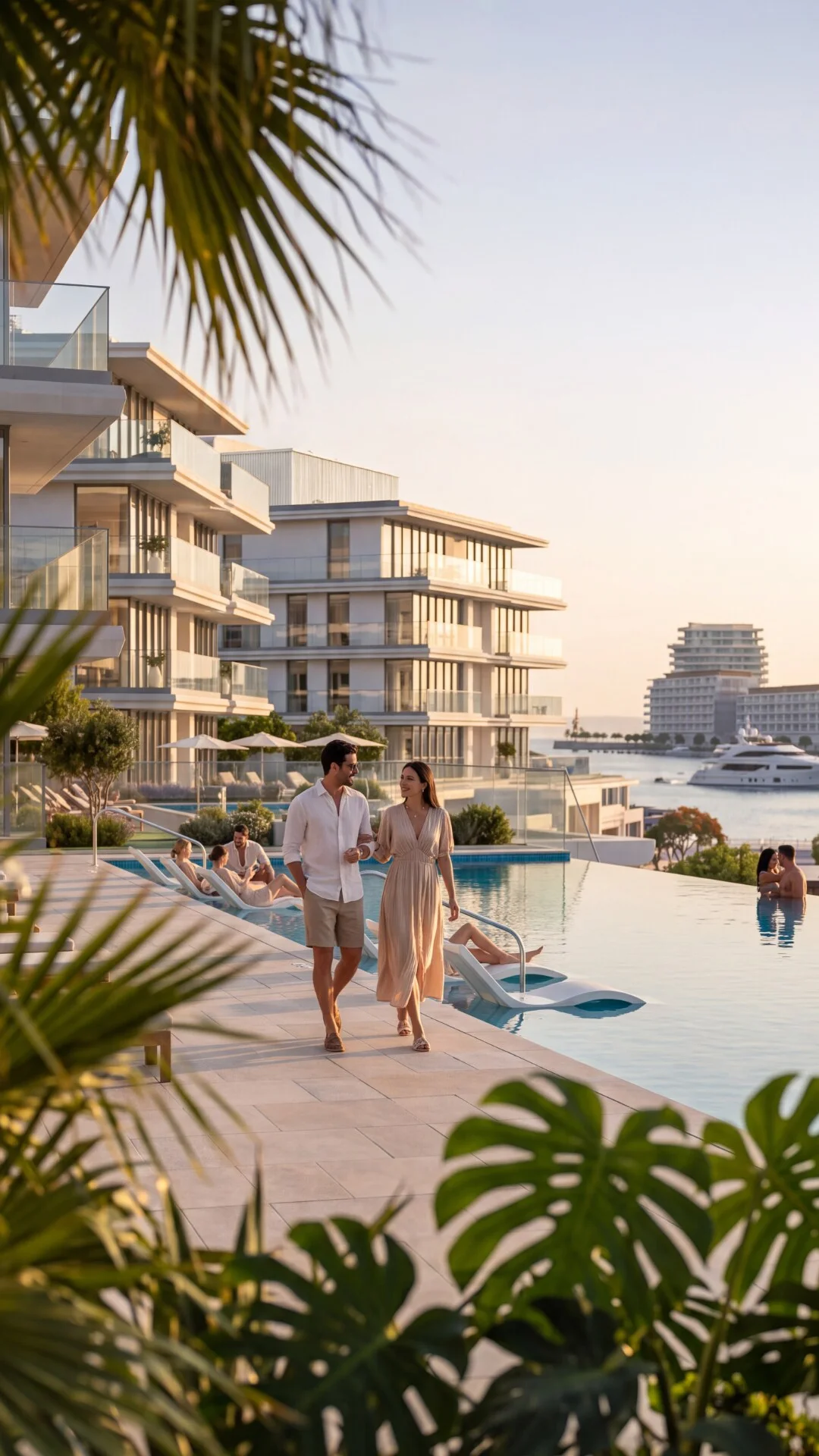 Residents walking beside the waterfront pool