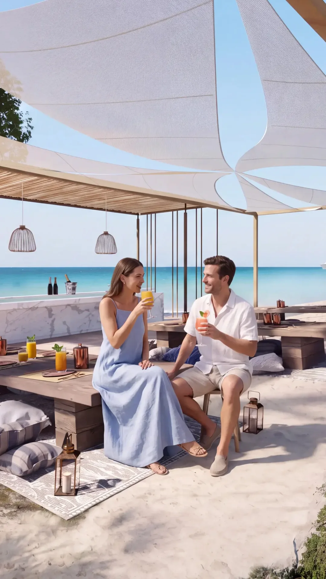 A couple enjoying breakfast beside the sea
