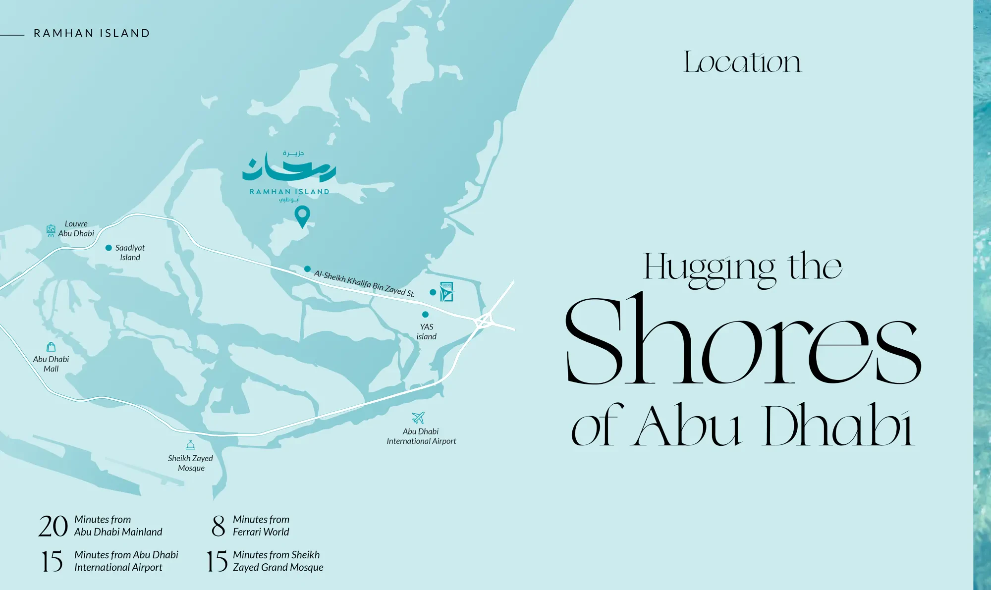 Map showing Ramhan Island's connectivity to Abu Dhabi's key destinations