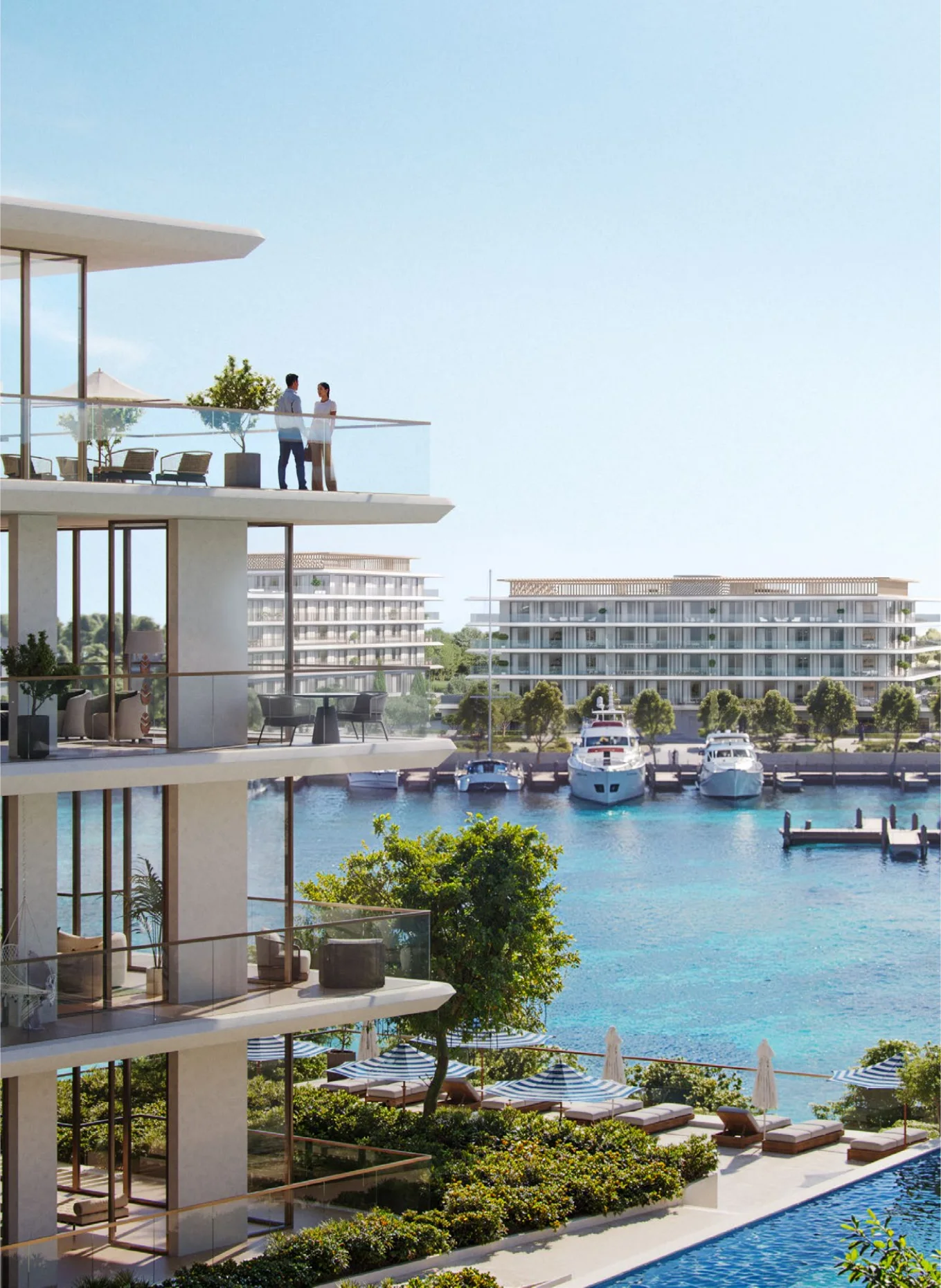 Apartment balcony overlooking the marina and yachts at Ramhan Marina