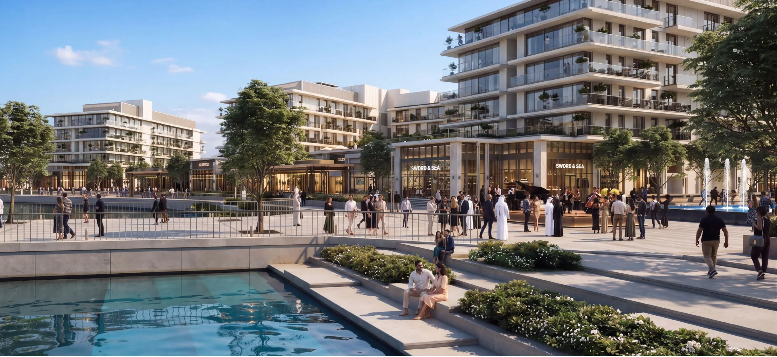 Waterfront plaza with restaurants, boutiques and live music at Ramhan Marina